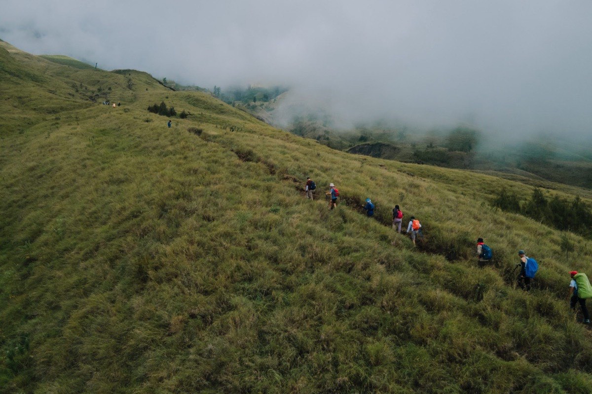 Trekkers walking in single file up a grassy ridge on the Sembalun side, with porters carrying the gear and mist rolling over the slope