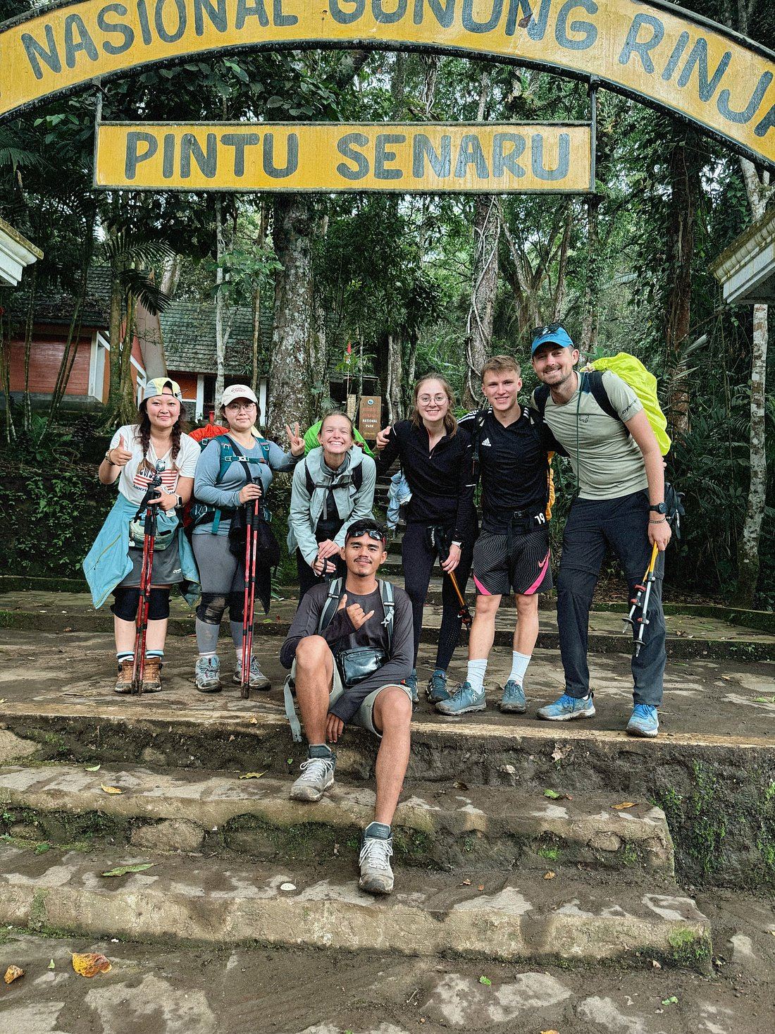 Trekkers at the Pintu Senaru national park gate, the northern trailhead of Mount Rinjani