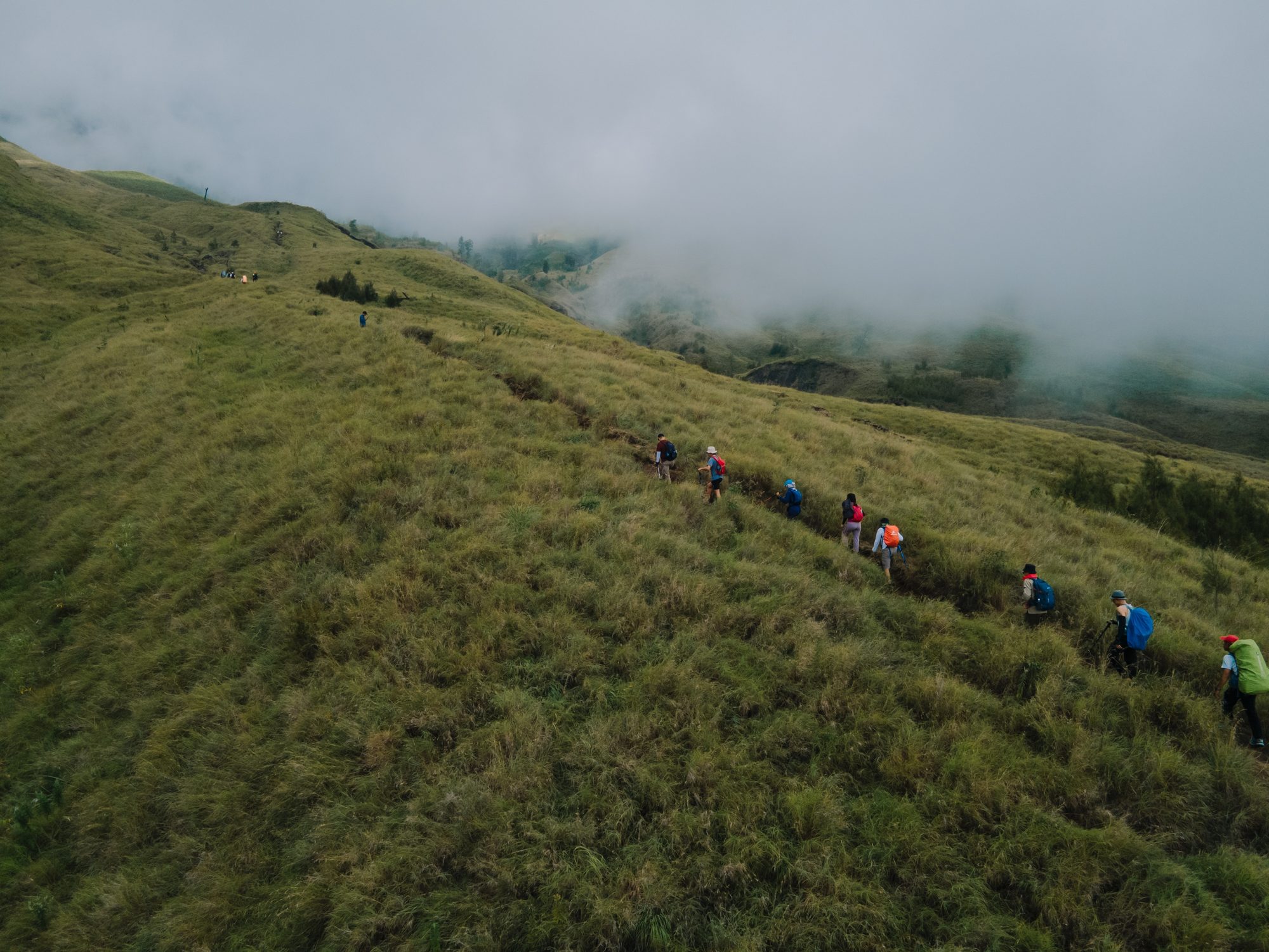Trekkers ascending the grassy ridge of Mount Rinjani in the mist