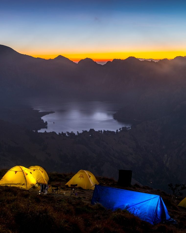 Mount Rinjani crater rim camp at sunset